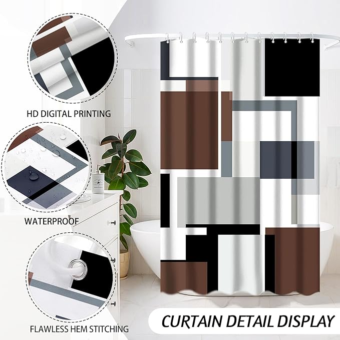 Lnond Brown Bathroom Set, 23-Piece Brown Geometric Bathroom Decor Set with with Shower Curtain and Rugs, Trash Can, Toilet Brush Holder Set & Soap Dispenser