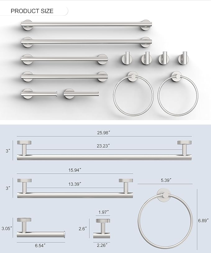 12 Pcs Brushed Nickel Bathroom Accessories Set, HOMEMYSTIQUE SUS304 Stainless Steel Bathroom Hardware Set, Bath Towel Bar Set, Toilet Paper Holders, Towel Rings Racks, Robe Towel Hooks