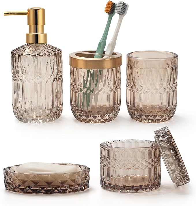 IVAILEX 5PCS Amber Brown Glass Bathroom Accessories Sets of Lotion Dispenser, Soap Dish, Toothbrush Holder, Tumbler, Cotton Swab Jars, Modern Bath Decor, Vintage Gift