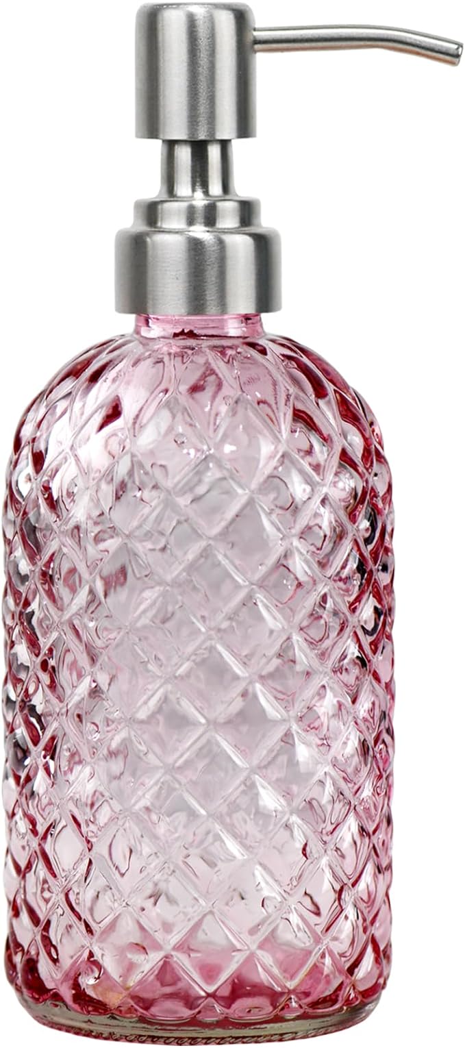 16 oz Soap Dispenser with 304 Rustproof Stainless Steel Pump, Kitchen, Bathroom Refillable Glass Liquid Soap Dispenser for Hand Soap, Soap, Lotion. (Pink)
