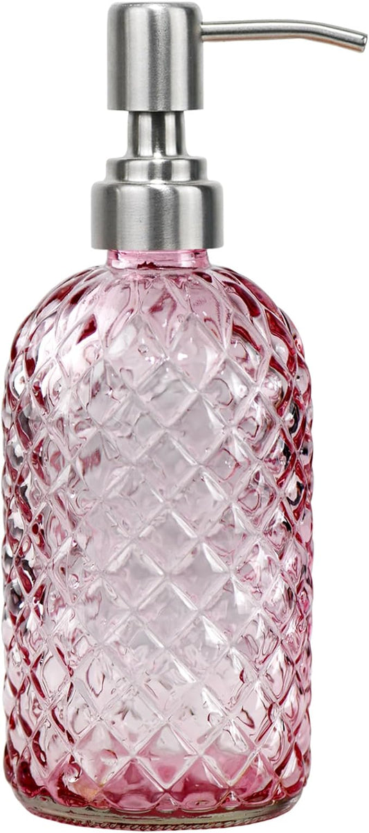 16 oz Soap Dispenser with 304 Rustproof Stainless Steel Pump, Kitchen, Bathroom Refillable Glass Liquid Soap Dispenser for Hand Soap, Soap, Lotion. (Pink)