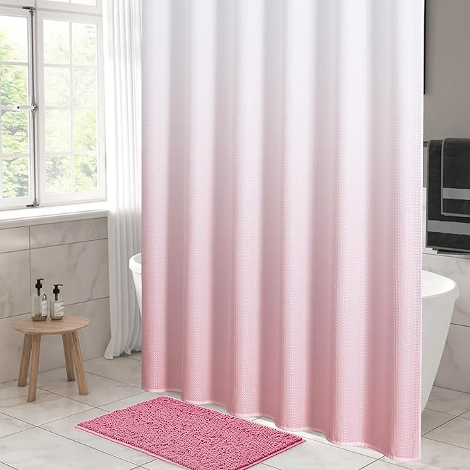 MitoVilla Pink Ombre Waffle Small Stall Shower Curtain 36 x 72, Half Size Fabric Narrow Shower Curtains for Bathroom Decor, 36 inch Weighted Shower Curtain Set with Plastic Hooks