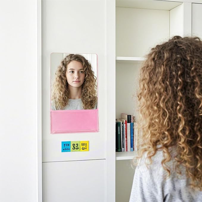 Magnetic Locker Mirror with Fully Magnetic Back, 9.45" x 5.51" Small Real Glass Super Clear Reflection Mirror with Storage Pocket for School Locker Refrigerator Office Cabinet -Pink, 2 Pcs