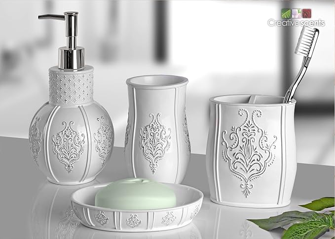 Creative Scents Vintage White Bathroom Accessories Set - 4 Piece Bathroom Set - Farmhouse French Country Bathroom Accessory Set Features: Soap Dispenser, Toothbrush Holder, Tumbler & Soap Dish