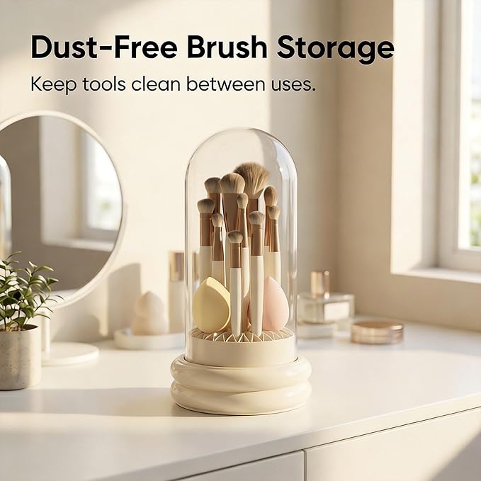 Makeup Brush Cleaner & Dust-Free Storage Holder for Vanity, Coarse & Fine Bristles Cleaning, Covered Air-Dry Cup