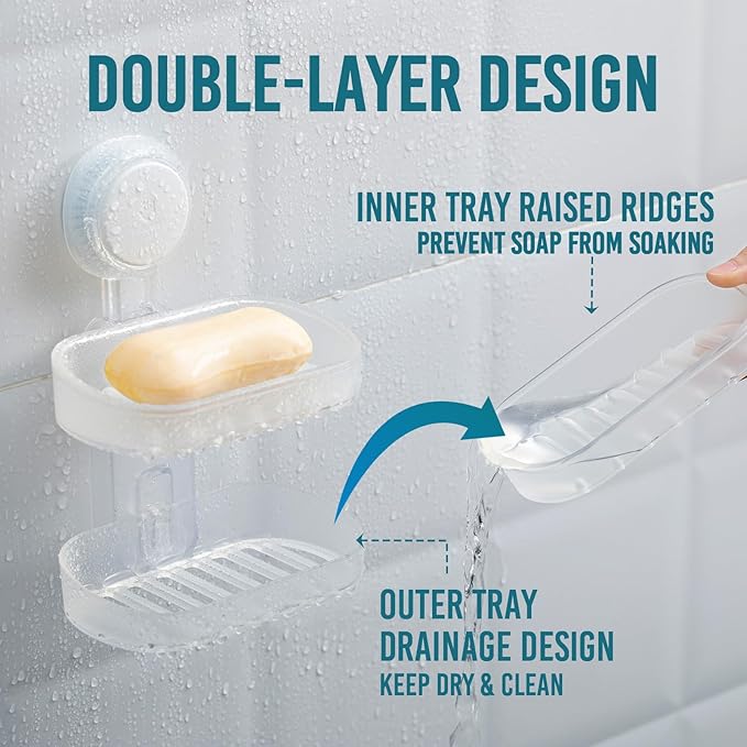 TAILI Soap Holder Soap Dish for Shower, Suction Cup Soap Holder for Shower Wall, Bathroom Accessories, Removable Strong Hold Soap Saver, Drill Free Double Soap Dish, Clear 2 Layer
