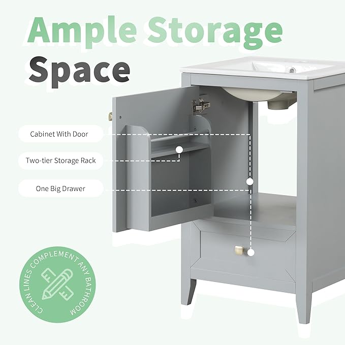 20 in Small Bathroom Vanity with Sink,Wood Modern Single Bathroom Sink Cabinet with Soft Closing Door and Drawer,Freestanding Grey