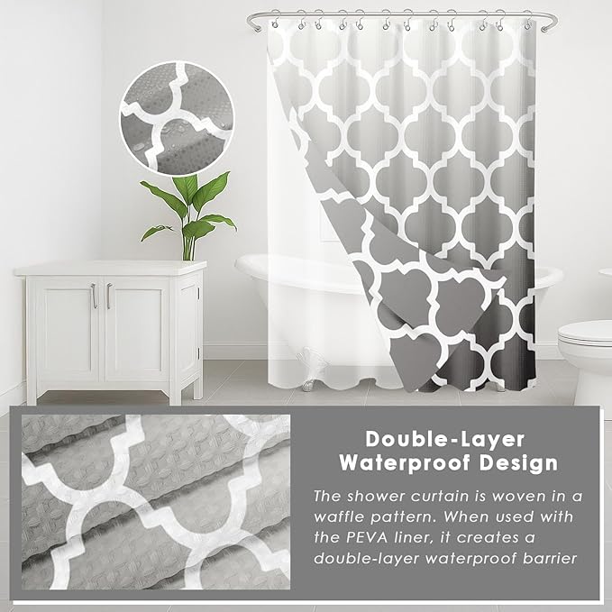 Britimes Grey Geometric Bathroom Sets with Shower Curtain and Rugs, Minimalist Ombre Modern Vintage Waterproof Shower Curtain Liner and Soft Non Slip Bath Mat for Bathroom Decor and Accessories Hooks