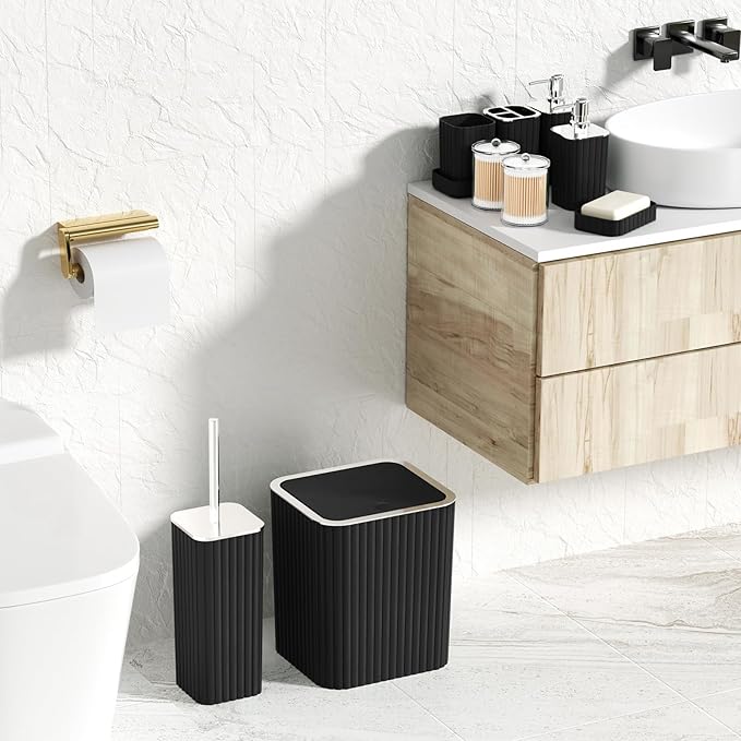 XLHOMO Bathroom Accessories Set - Gorgeous Bathroom Set, 10PC Black Bathroom Accessory Set, Toilet Brush, Trash Can, Qtip Holder & Soap Dispenser