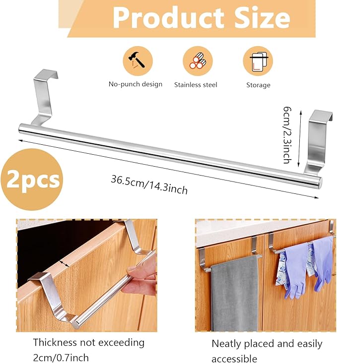 2 Pack Over Cabinet Door Towel Rack, 14" Kitchen Towel Holder, Stainless Steel Towel Bar Hand Towel and Dish Towel Holder for Kitchen Bathroom