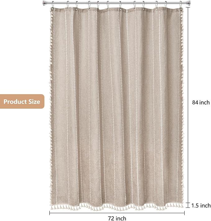 Boho Farmhouse Shower Curtain Heavyweight with Tassels, 72 x 84 Inch Extra Long Taupe Linen Textured Fabric Shower Curtain for Bathroom, Tan and White Striped Bath Décor Curtain Water Repellent