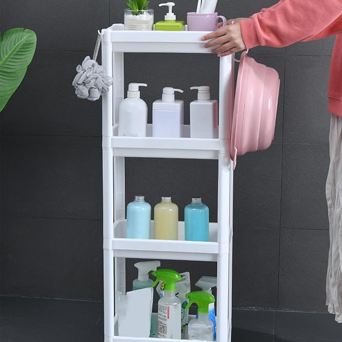 Narrow Freestanding Bathroom Shelf, Space Saving Storage Rack White Laundry Shelf for Bathroom Laundry Room Kitchen Bedroom Compact Areas (4 Layers (with Wheels))