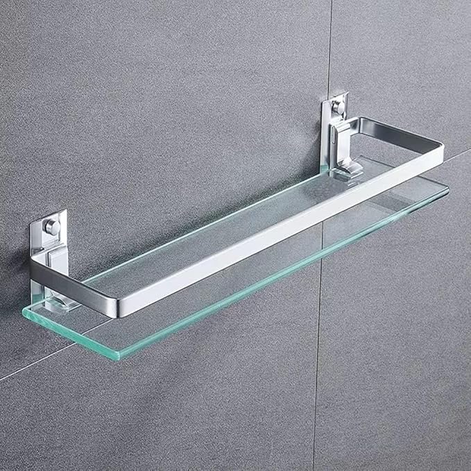 Bathroom Glass Shelf Tempered Glass Rectangular Extra Thick Aluminum Silver Sand Sprayed Wall Mounted 13.77 inches