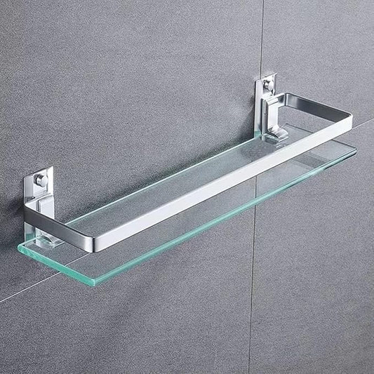 Bathroom Glass Shelf Tempered Glass Rectangular Extra Thick Aluminum Silver Sand Sprayed Wall Mounted 13.77 inches