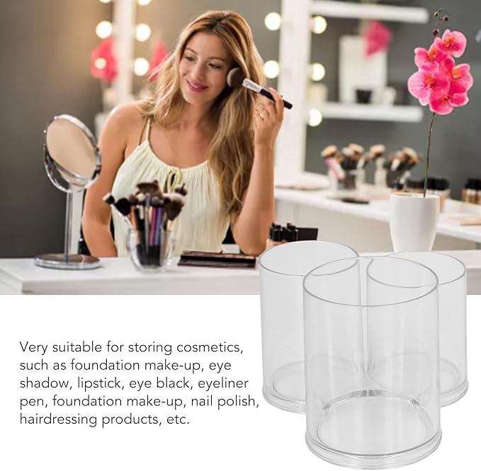 Clear Round Plastic Makeup Container,Makeup Brush Holders,Acrylic Cosmetic Storage Organizer with Compartments, Pencil Cup Stationery Organizer for Eyeliner Pencil and Beauty Tools,3 Connected Towers