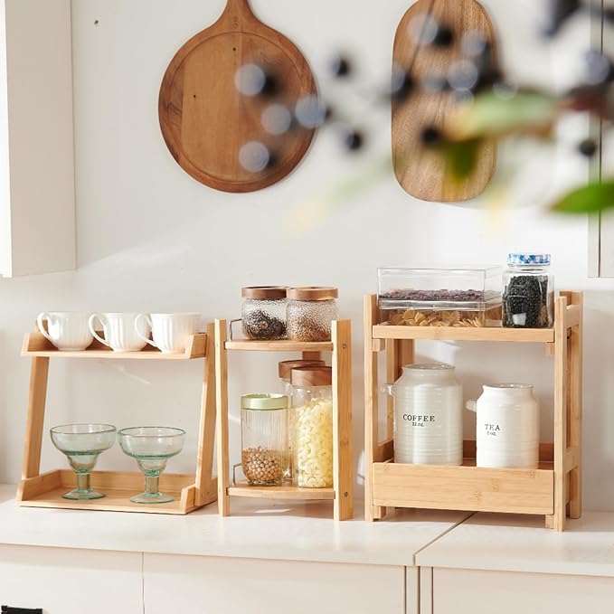 GOBAM Bamboo Makeup & Countertop Organizer, Small - 2 Layer Cosmetics, Lipsticks, Jewelry, Brushes, Hair Accessories & Perfume Organizer for Dresser, Easy Assembly - Natural