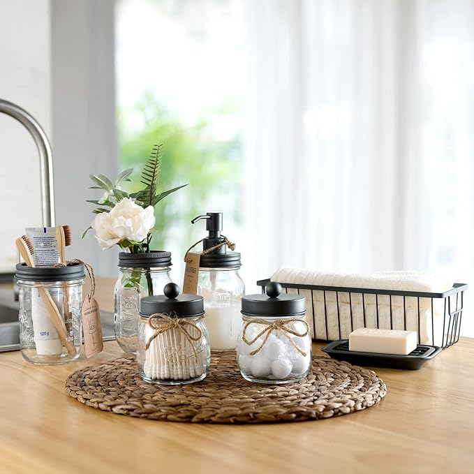 SheeChung 6Pcs Mason Jars Bathroom Accessories Set - Toothbrush Holder, Soap Dispenser, Qtip Holders, Soap Dish, Wire Paper Storage, Farmhouse Bathroom Decor (Vintage Grey, 6Pcs Bathroom Set)