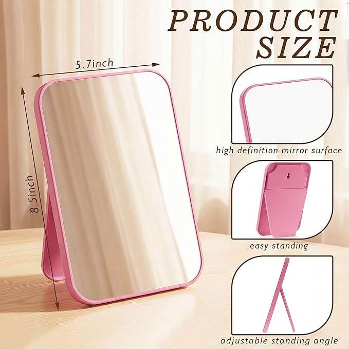 Cinnvoice 12 Pack Desktop Makeup Mirror Bulk 90° Adjustable Portable 8" Vanity Table Mirror with Stand, Folding Travel for Makeup Party Spa Party, Women, Cosmetics Personal Beauty (Pink)