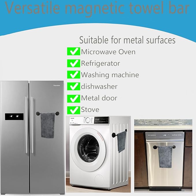 Magnetic Towel Bar for Dishwasher, Magnetic Towel Holder Towel Hook Hanger for Fridge, Kitchen Stove, Oven, Refrigerator, Sink Laundry Washing Machine,dryers,Metal Garage Door. Black