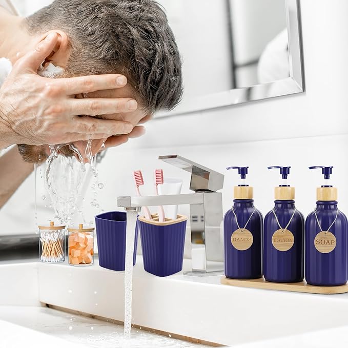 XLHOMO Navy Blue Bathroom Accessories Set 17PCS Bathroom Set with Trash Can 3PCS Lotion Soap Dispenser, Toothbrush Holder,6PCS Wood Tags Bath Accessories with Tray for Kitchen Bathroom
