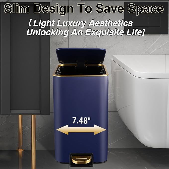 XLHOMO Navy Blue Bathroom Accessories Set 8 Piece Navy Blue and Gold Bathroom Set, Bathroom Sets with Stainless Steel Trash Can,Toilet Brush,Toothbrush Set,Soap Dispenser