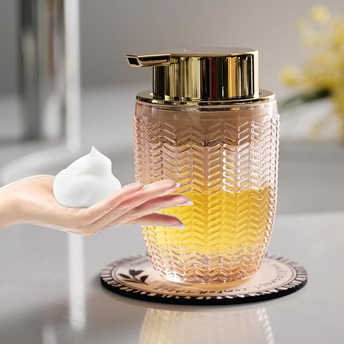 Cicufy Glass Foam Soap or Lotion Dispenser - Refillable Liquid Dispenser with Large Gold Pump - Barrel Pattern in Pink
