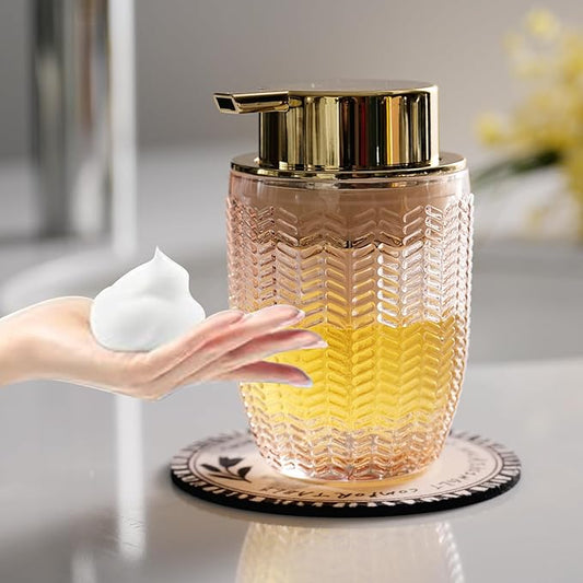 Cicufy Glass Foam Soap or Lotion Dispenser - Refillable Liquid Dispenser with Large Gold Pump - Barrel Pattern in Pink