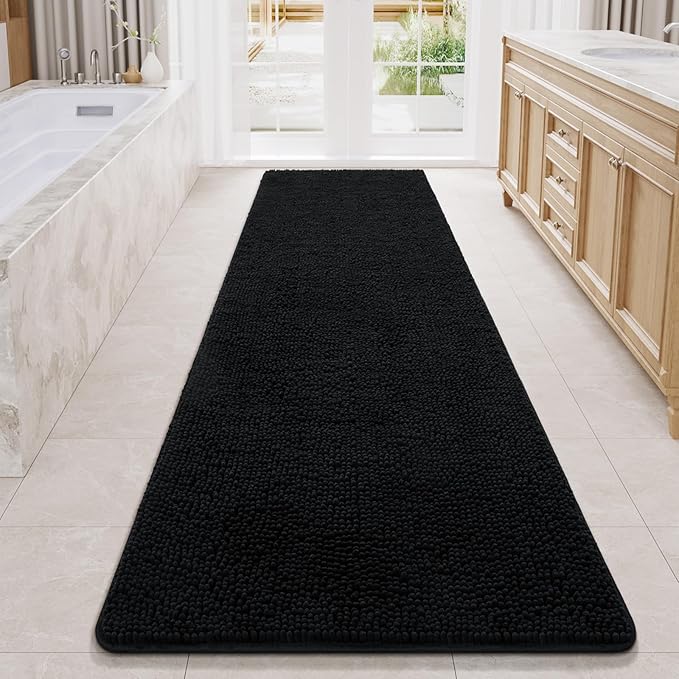 LOCHAS Luxury Bathroom Rug Shaggy Bath Mat 24 x 80 Inch, Washable Non Slip Bath Rugs for Bathroom Shower, Soft Plush Chenille Absorbent Carpets Mats, Black