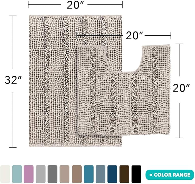 Turquoize Chenille Bathroom Rugs Set Non-Slip Bath Mats for Bathroom Super Absorbent Shaggy Rugs for Tub Shower Toilet Plush Bath Rug Plus U Shaped Rug (Standard: 20" x 32" and 20" x 20" U), Taupe