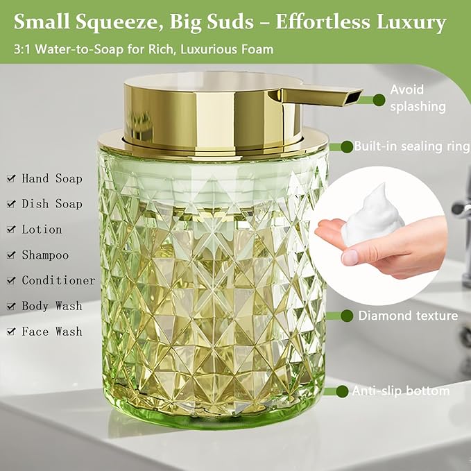 Glass Bathroom Accessories Set 5Pcs Crystal - Foaming Soap Dispenser, Soap Dish, Cup, Acrylic Toothbrush Holder with Tray Organizer, Qtip Jar, Bathroom Counter Set Sink Decor (Green)