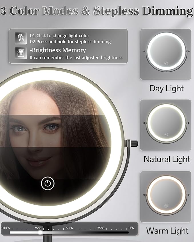 vpu Makeup Mirror with Lights, 1X/30X Lighted Magnifying Mirror Height Adjustable, 3000mAh Rechargeable Double Sided Vanity Mirrors with 3 LED Lighting and Adjustable Brightness for Desk Women Gift