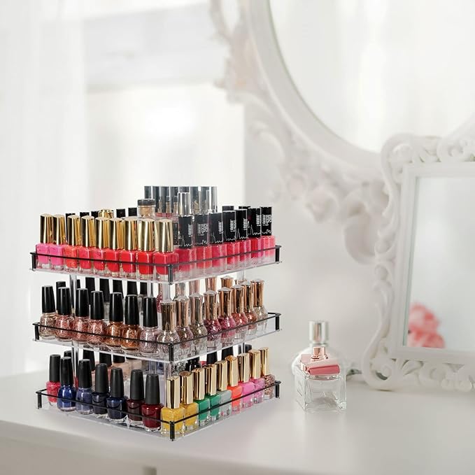 J JACKCUBE DESIGN Nail Polish Organizer, 3 Tier Acrylic 360 Rotating Display Rack Stand Makeup Cosmetics Storage Box Carousel Shelf with Black Iron Guard, Hold Up to 180 – MK302-3