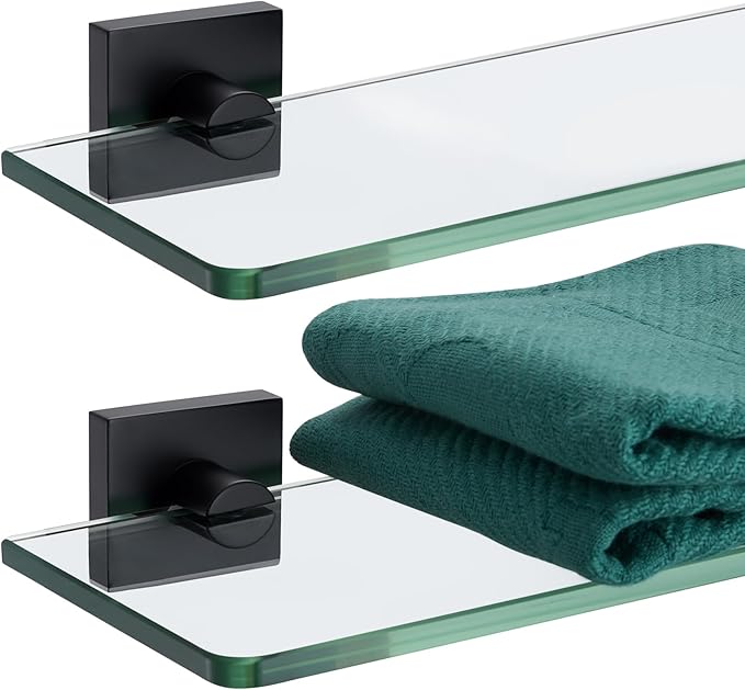 KOKOSIRI Glass Shelf Floating Bathroom Shelves 12-Inch Tempered Glass Rack for Shower Storage Wall Mount, 2 Pack Black Stainless Steel B1107BK-L12-P2