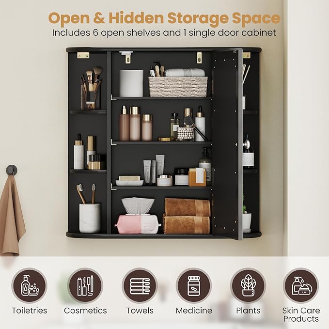 COSTWAY Medicine Cabinet with Mirror, Wall Mounted Bathroom Storage Cabinet with Mirror Door and Adjustable Shelves, Space-Saving Storage Organizer for Living Room Kitchen Entryway (Black)