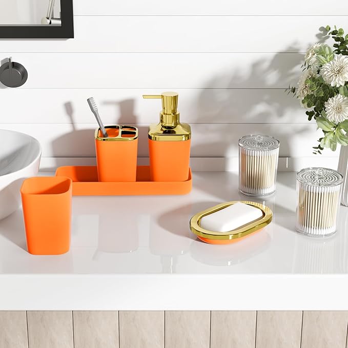 XLHOMO Orange Bathroom Accessories Set, Orange and Gold Bathroom Accessories with Trash Can, Soap Dispenser, Soap Dish, Toothbrush Holder and Q-tip Holders
