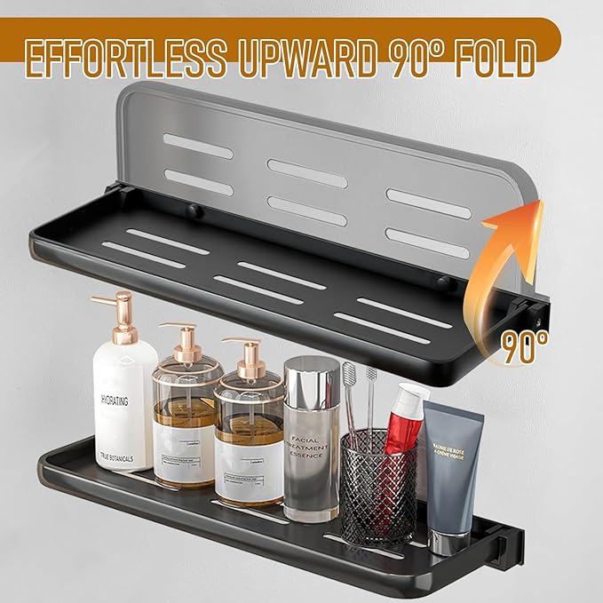 Small Folding Wall Shelf - Waterproof and Rust-Proof 90° fold Down - Easy Installation Folding Metal Shelf, Ideal for RV, Laundry, Toilet, Kitchen and Sofa (Black 2PCS, 15.75inch)
