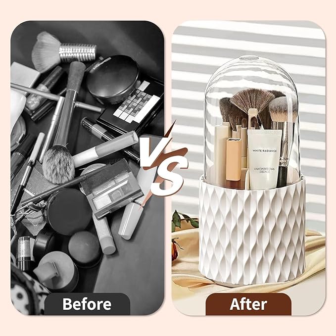 Makeup Brush Holder 360 Rotating Make up Organiser with Dustproof Lid???Acrylic Make up Brush Holder for Lipstick, Lip Gloss, Eyeliner, Bedroom, Bathroom (White)
