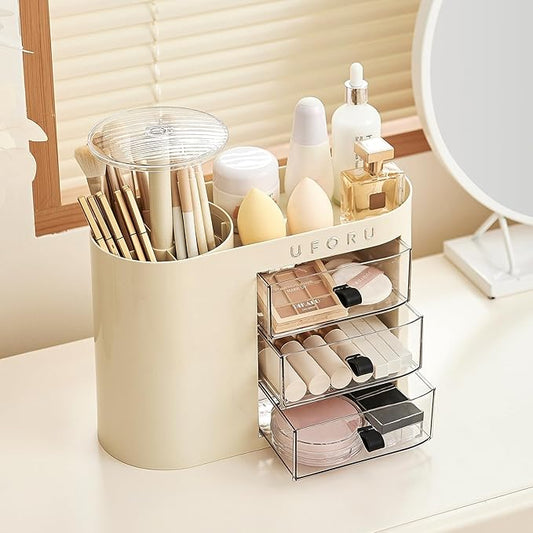 Makeup Organizer with Pop-Up Brush Holder for Dresser Vanity, Plastic Bathroom Counter Organizer with 3 Drawers & Dust-Proof Cover, Cosmetic Display Case for Lipstick, Skincare, Cream White