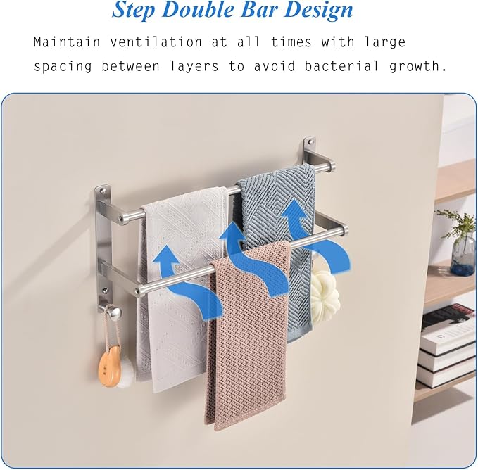 Double Towel Bar with Hooks for Bathroom - 18 Inch Brushed Stainless Steel Towel Rack, Wall Mounted Towel Rails