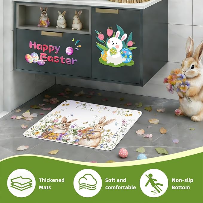 Easter Shower Curtain Set for Bathroom, Easter Rabbits Shape Red Bathroom Supplies for Spring Accessories Decor Set, Non Slip Rugs Toilet Lid Cover U Shape Bath Mat and 12 Hooks