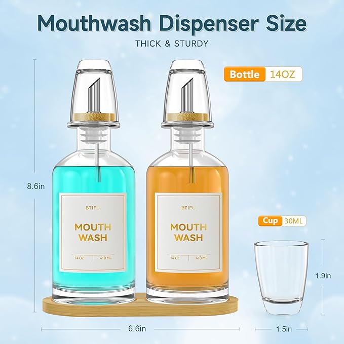 2PCS Glass Mouthwash Dispenser for Bathroom Countertop – 14oz/410ml Refillable Mouthwash Bottle with Stainless Steel Pour Spout & Bamboo Tray, Modern Decor for Home, Office, Airbnb (Clear)