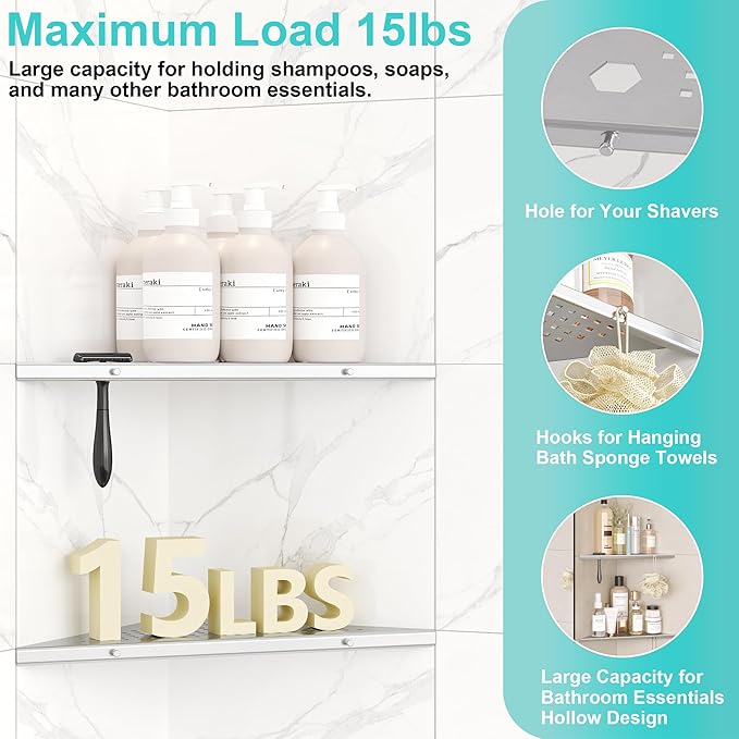 Qeke 10" Bathroom Corner Shelf, 2 Pack Recessed Shower Shelf Caddy, SUS304 Stainless Steel Shelf Wall Mount Triangular, No Drilling Brushed Nickel