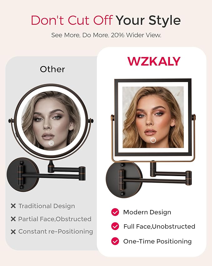 Rechargeable Wall Mounted Makeup Mirror with Lights, 4000mAh Double Sided 1X/10X Magnifying Vanity Mirror with 3 Color Lights, Touch Dimmable, 360° Extension Foldable Arm(Oil Rubbed Bronze