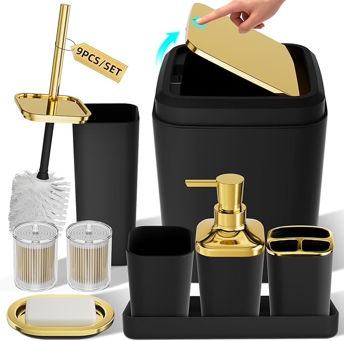 XLHOMO Bathroom Accessories Set - Luxury Black Bathroom Set, 9 Pieces Bathroom Accessory Set, Black Bathroom Accessories with Trash Can, Toilet Brush & Soap Dispenser