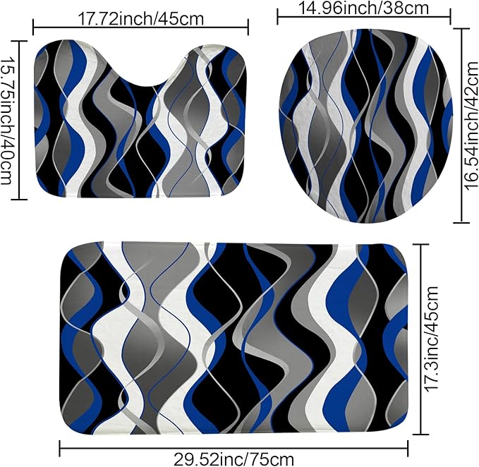 beifivcl 4Pcs Blue Shower Curtain Sets with Non-Slip Rugs, Toilet Lid Cover and Bath Mat, Black and Gray Bathroom Decor Set Accessories Fabric Waterproof Shower Curtains with 12 Hooks, 72 x 72 Inch