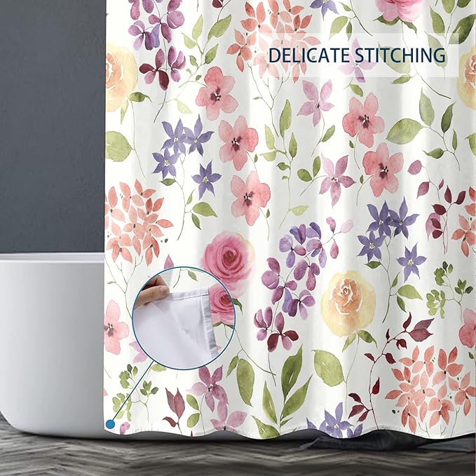 Watercolor Floral and Green Leaves Shower Curtains, Waterproof Fabric Colorful Rustic Ivory Botanical Bathroom Shower Curtain, 72 x 72 Inch