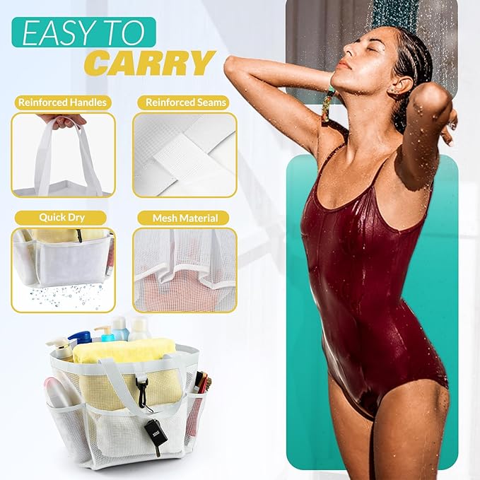 LOYEE Mesh Shower Caddy Portable for College Dorm Room Essentials with 8 Pockets, Shower Bag for Beach, Swimming, Gym, Travel, Bathroom(All white)