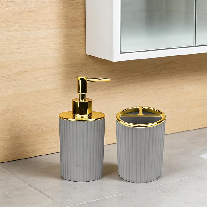 Bathroom Accessories Set, 2-Piece Gray & Gold Soap Dispenser & Toothbrush Holder, Modern ABS Vanity Organizer for Countertop, Minimalist Bathroom Decor