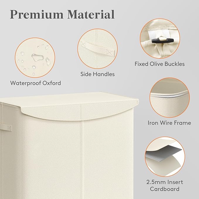 lifewit 137L Dual Laundry Hamper with Lid, 2 Compartments Tall Clothes Hamper with Easy Carry Bag and Handles, Foldable Laundry Bin for Dirty Clothes in Bathroom Bedroom, White