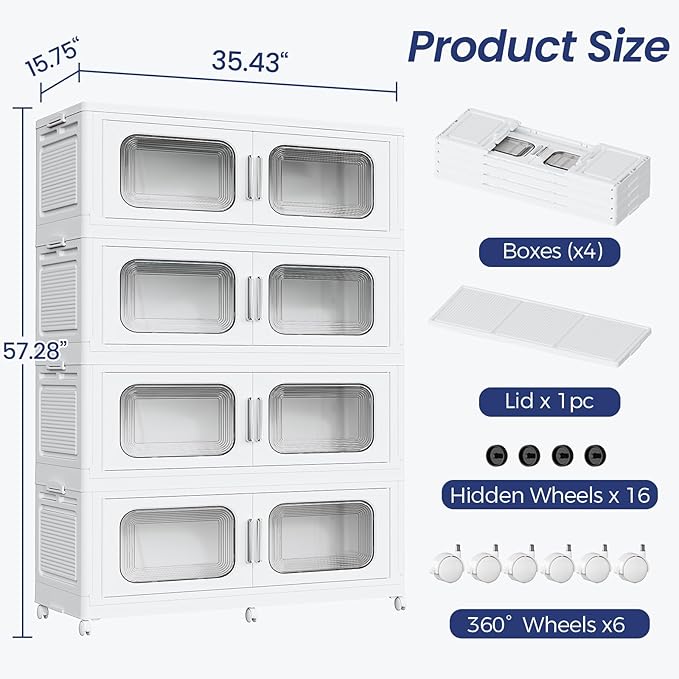 200Gal Extra Large Stackable Storage Bins with Lid & Wheels & Doors, 200QT/50GAL 4-Tiers Collapsible Closet Organizers Plastic Containers Drawers Boxes for Home Kitchen Bedroom, White